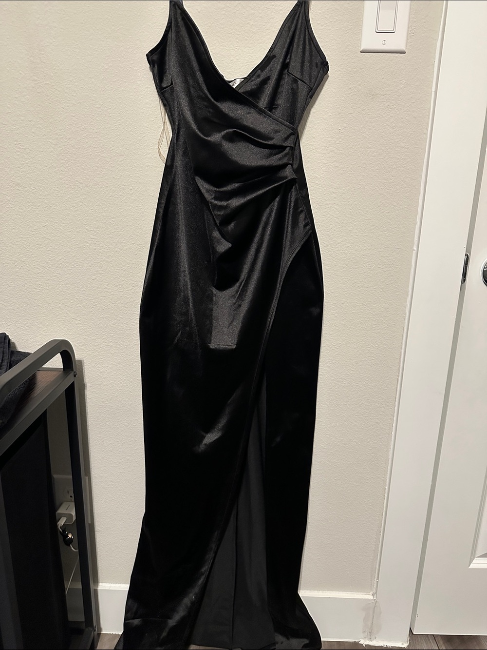 Emerald Sundae Black Satin Draped V-Neck Gown
